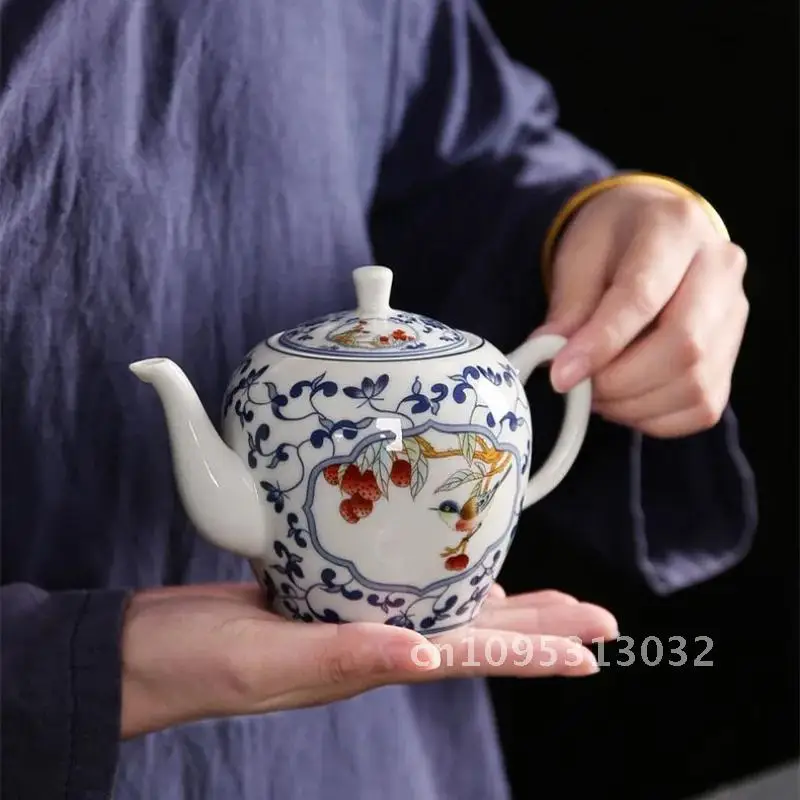 Elegant Ceramic Style Teapot, Household Chinese Teaware, Beautiful Making and Blue Tea White 310ml Drinkware, Pot, Porcelain