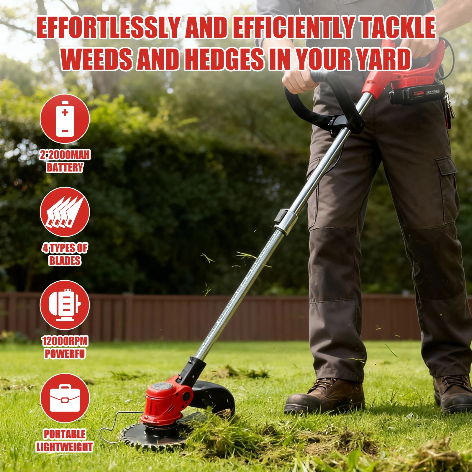 ماكينة تشذيب العشب اللاسلكية الاعشاب واكر جزازة العشب العشب المقلم شفرة فولاذية كربونية 2 بطاريات ليثيوم أيون تعمل بالطاقة و3 أنواع شفرة القطع