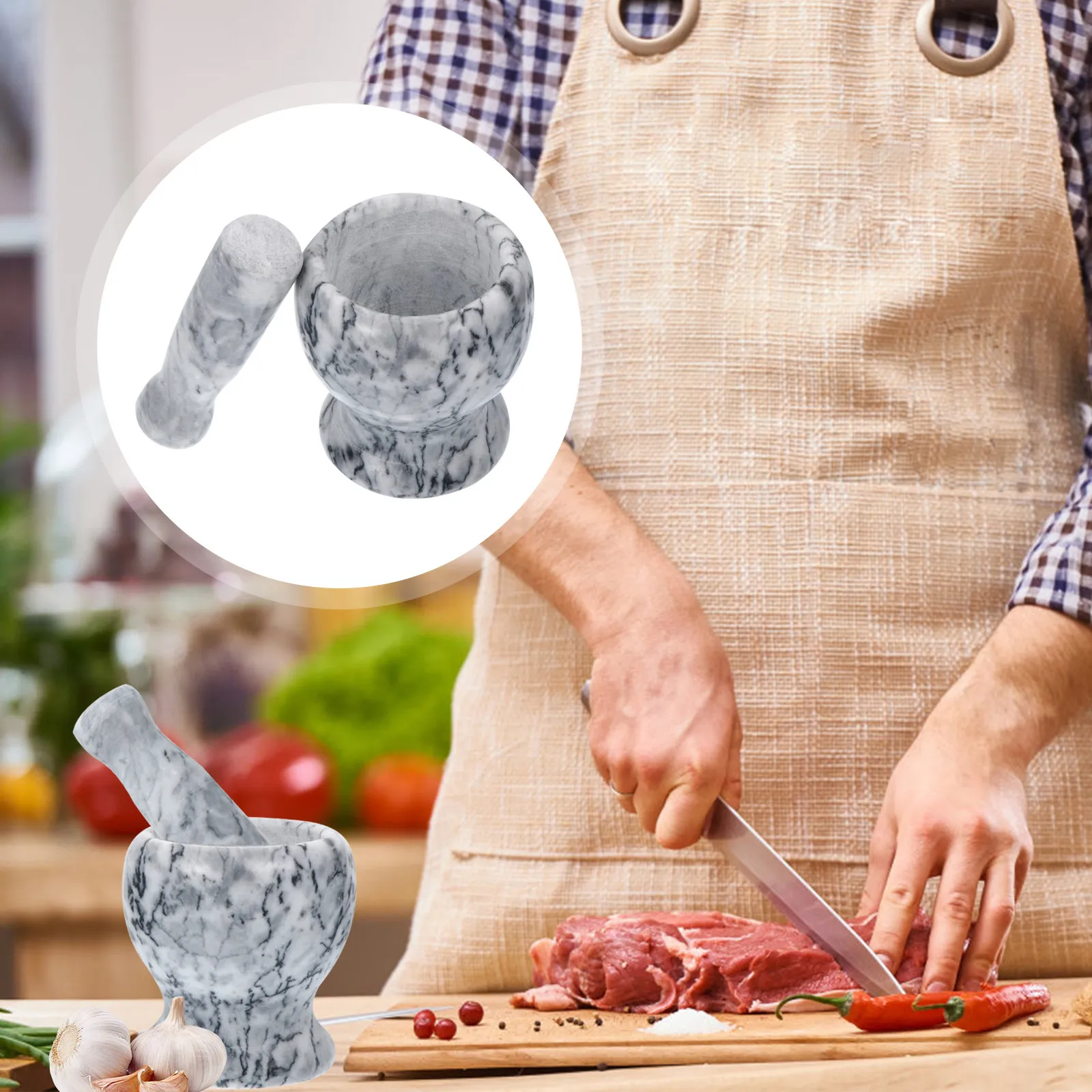 

1Set Heavy Duty Garlic Crusher Set with Marble Mortar and Ergonomic Pestle for Home Kitchen Use Multi Functional Grinding Bowl