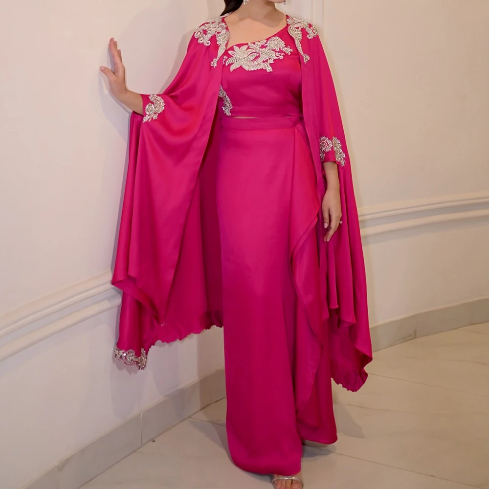 

A-line Women's Evening Dresses Floor-length V-neck Full Sleeve Prom Gown Fashion Crystal Simple Draped Customized Gowns