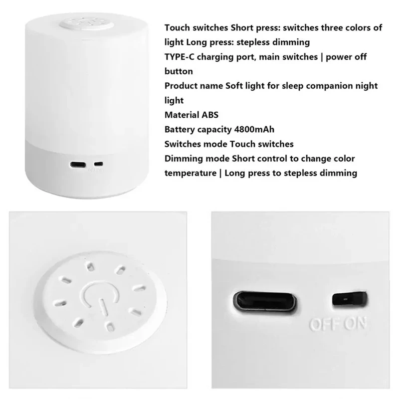 Luci notturne TKOH-LED Ricarica USB dimmerabile Lampade notturne da tavolo Camera da letto Illuminazione da comodino Decorazione Lampade da lettura touch a LED