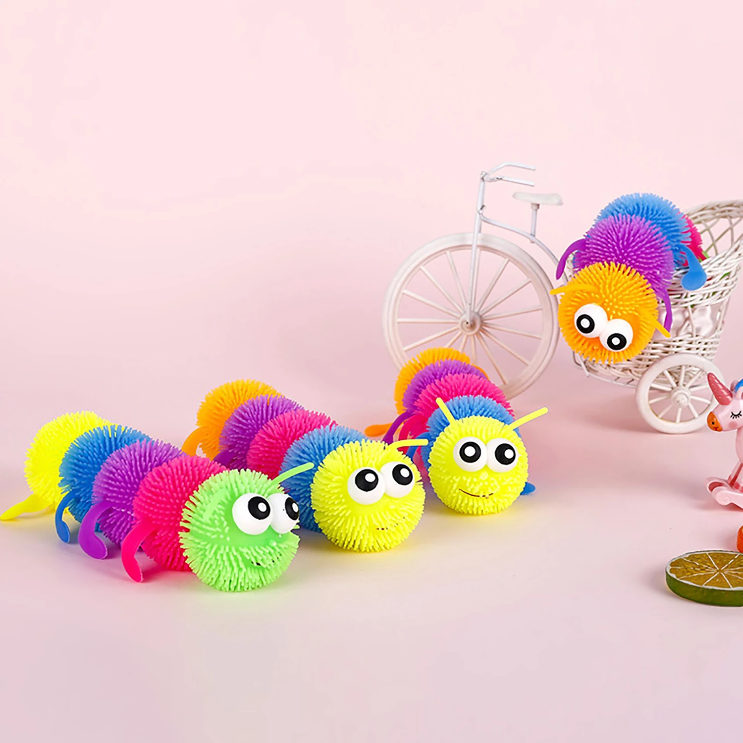 Cartoon eye-catching five section caterpillar squeezing and decompression toy, new and unique with light decompression toy