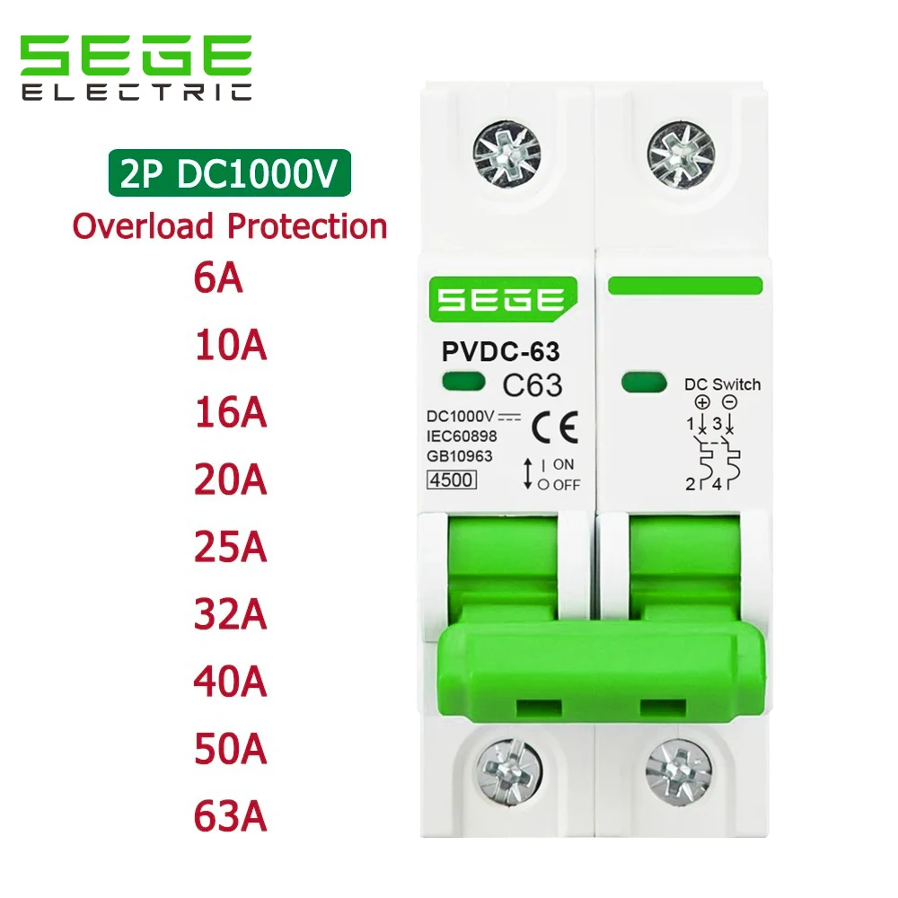 

Автоматический выключатель постоянного тока 1000В 32А/63А 2P для солнечных систем, защита от перегрузки, 32А/63А 2P DC1000V, фотоэлектрический MCB PV