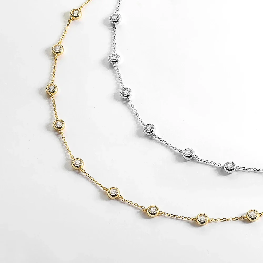 3mm D Color Full Moissanite Tennis Necklace with Certificate 925 Sterling Silver Bezel Set Bubble Round Cut Diamond Neck Chain