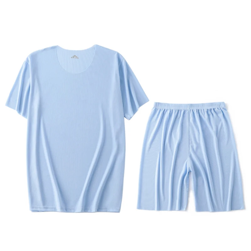 Pijama de seda de hielo para hombre, Conjunto de camiseta y pantalones, ropa de dormir de manga corta, de talla grande, Verano