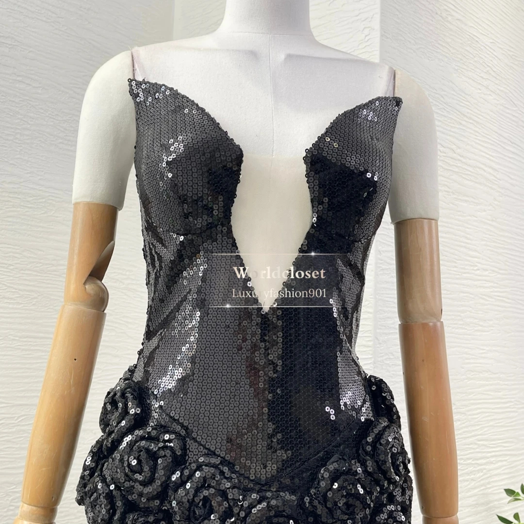 Vestido largo de tubo para fiesta 2025 Nuevo hermoso negro sin lentejuelas flores apliques atractivos