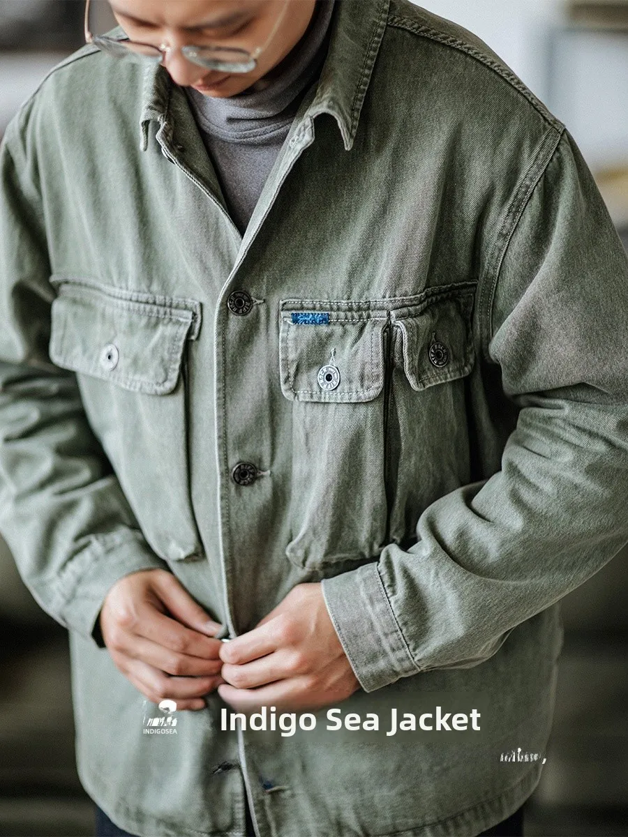 

Retro Waed Heavyweight Indigo Sea Workwear Jaet Men's Loose Cotton Polyester Blend Autumn Outerwear with kets