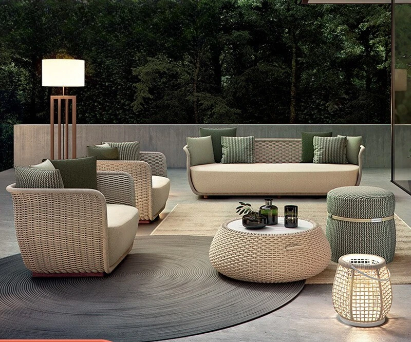

Outdoor Sofa Villa Hotel Courtyard Garden Nordic Rattan Furniture Outdoor Terrace Modern Teak Coffee Table Combination