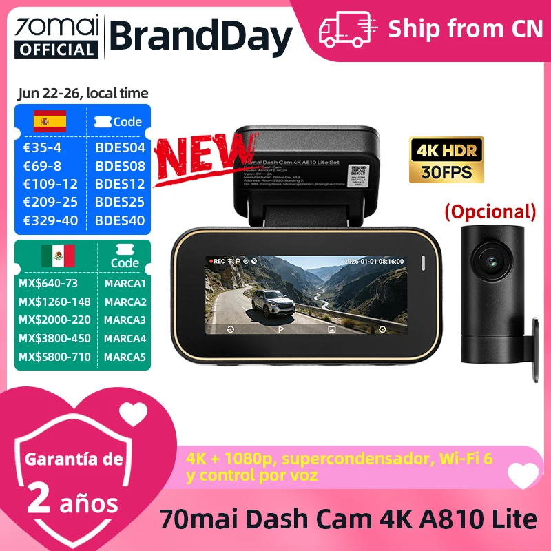 70mai Nueva Cámara para Coche Original 4K A810Lite HDR con Supercondensador, 4G LTE, Control Remoto, Wi-Fi 6, GPS y Control por Voz, DVR para Coche 70mai A810Lite