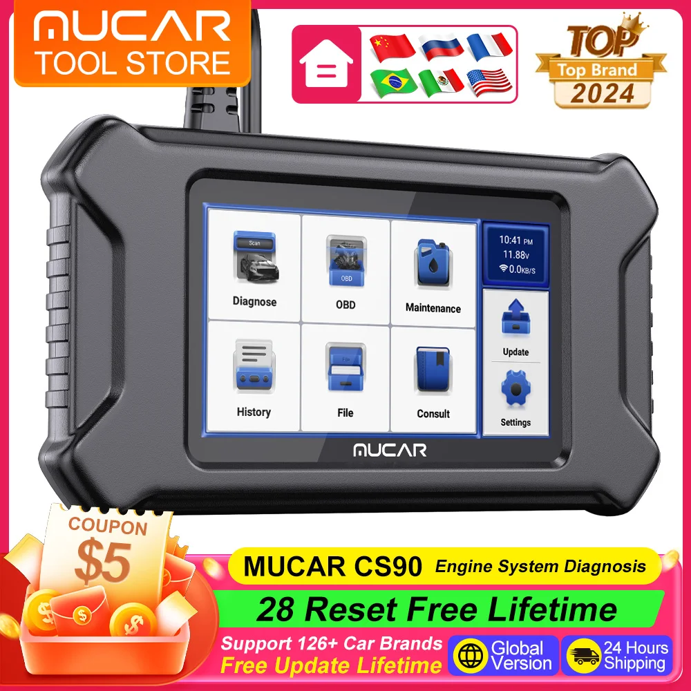 

MUCAR CS90 Diagnostic Tool with 28 Resets Services Lifetime Free Car Tools Obd2 Diagnost Engine Systems OBD2 Scanner 105+ Brands