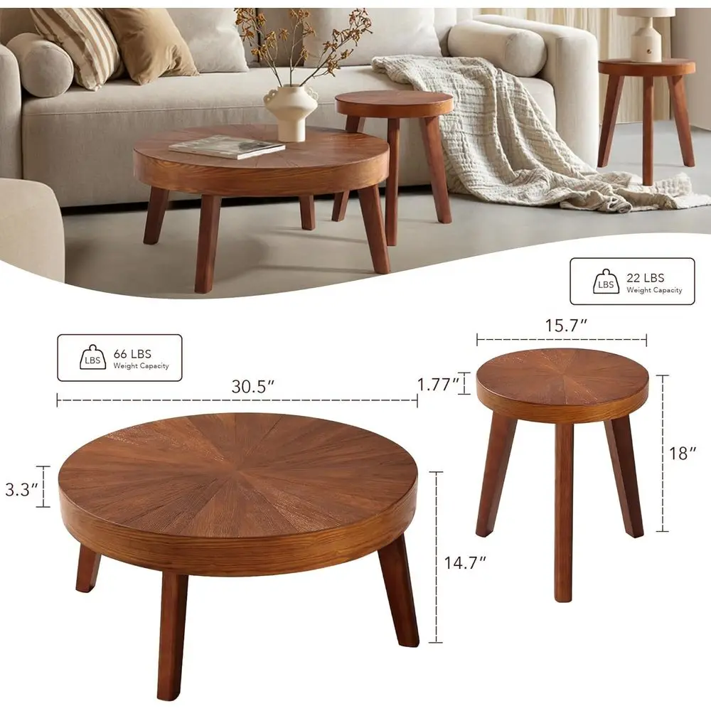 armhouse Round Coee Table Set o 3, Boho Soa Side Nesting Tables End Table Set with Wood Natural inish or Living Room, Bedroom, H