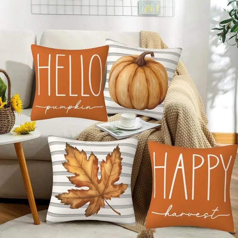 Thanksgiving Pillow Cases 18x18 Fall Decorative Throw Pillow Covers Set Of 4 Hello Fall Pumpkin Autumn Thanksgiving Harvest