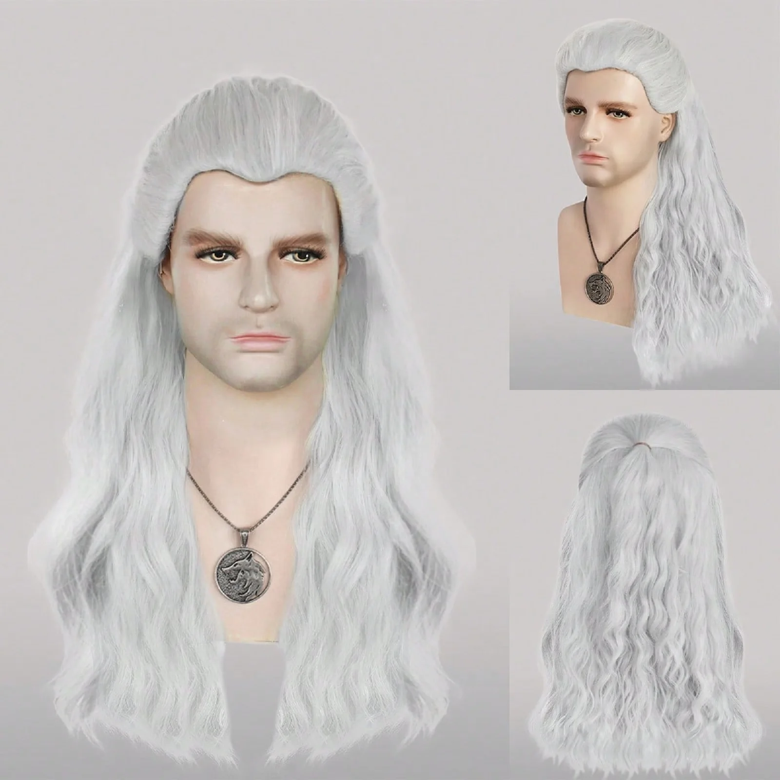 The Witcher 3: Wild Hunt Synthetic Hair Long Silver White Wavy Men'S Geralt Cosplay Wig for Halloween Christmas School