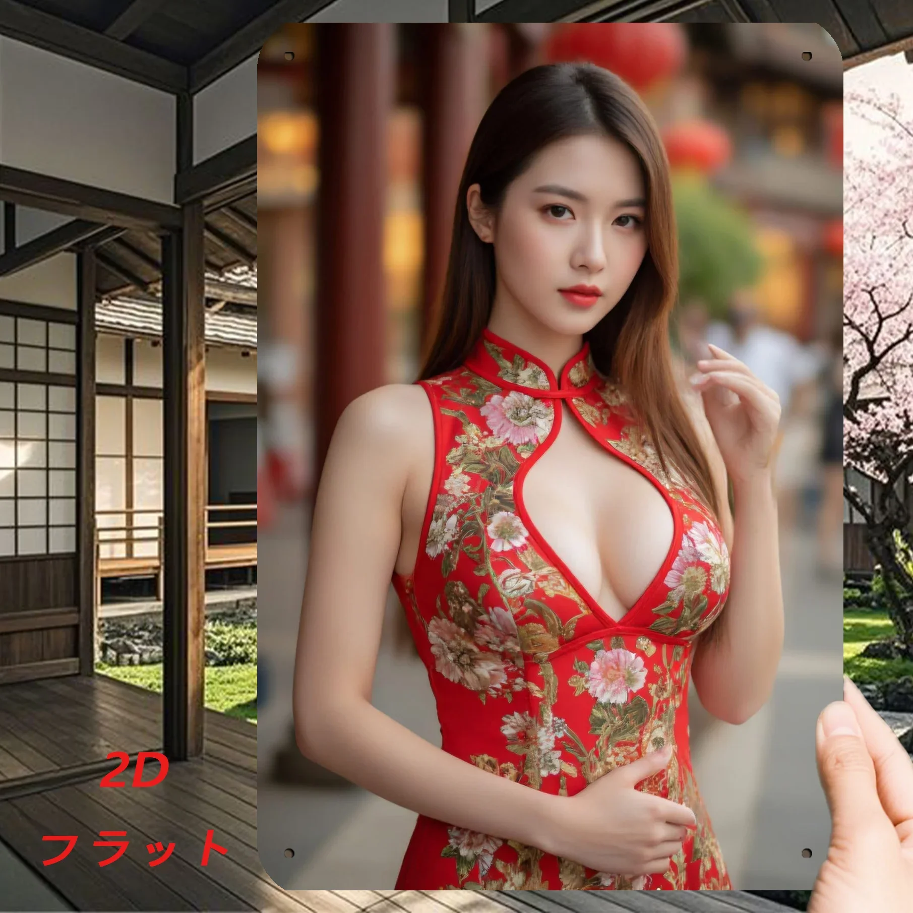 Sexy asiatische Frau im roten Blumen-Qipao Metall-Blechschild Wandkunst-Dekoration