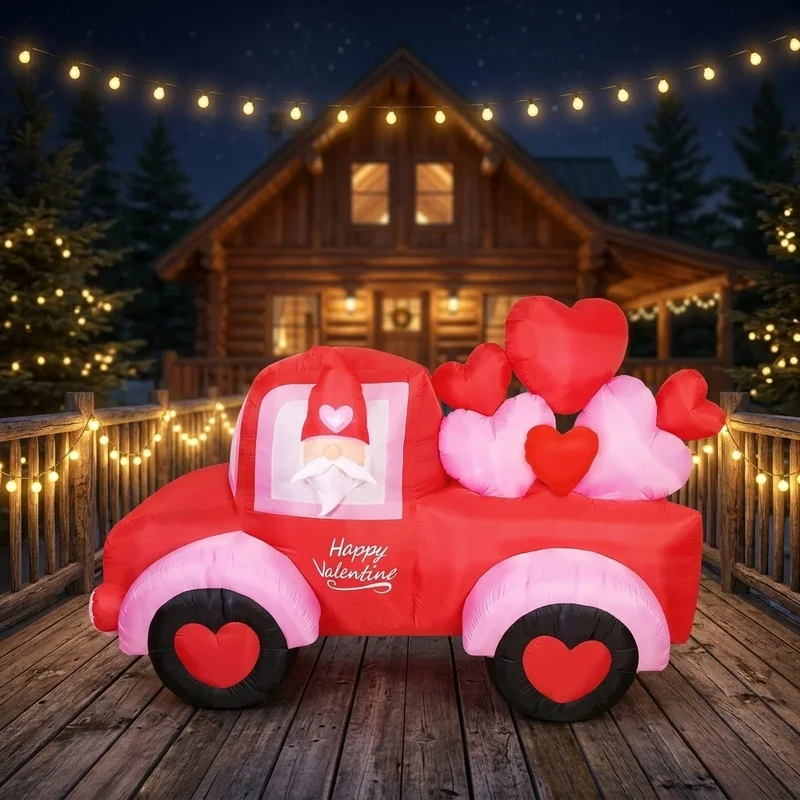 Inflatable Valentine Gnome Pickup Truck Decor Pink Hearts LED Glowing for Outdoor Lawn Party Festival Atmosphere Decoration