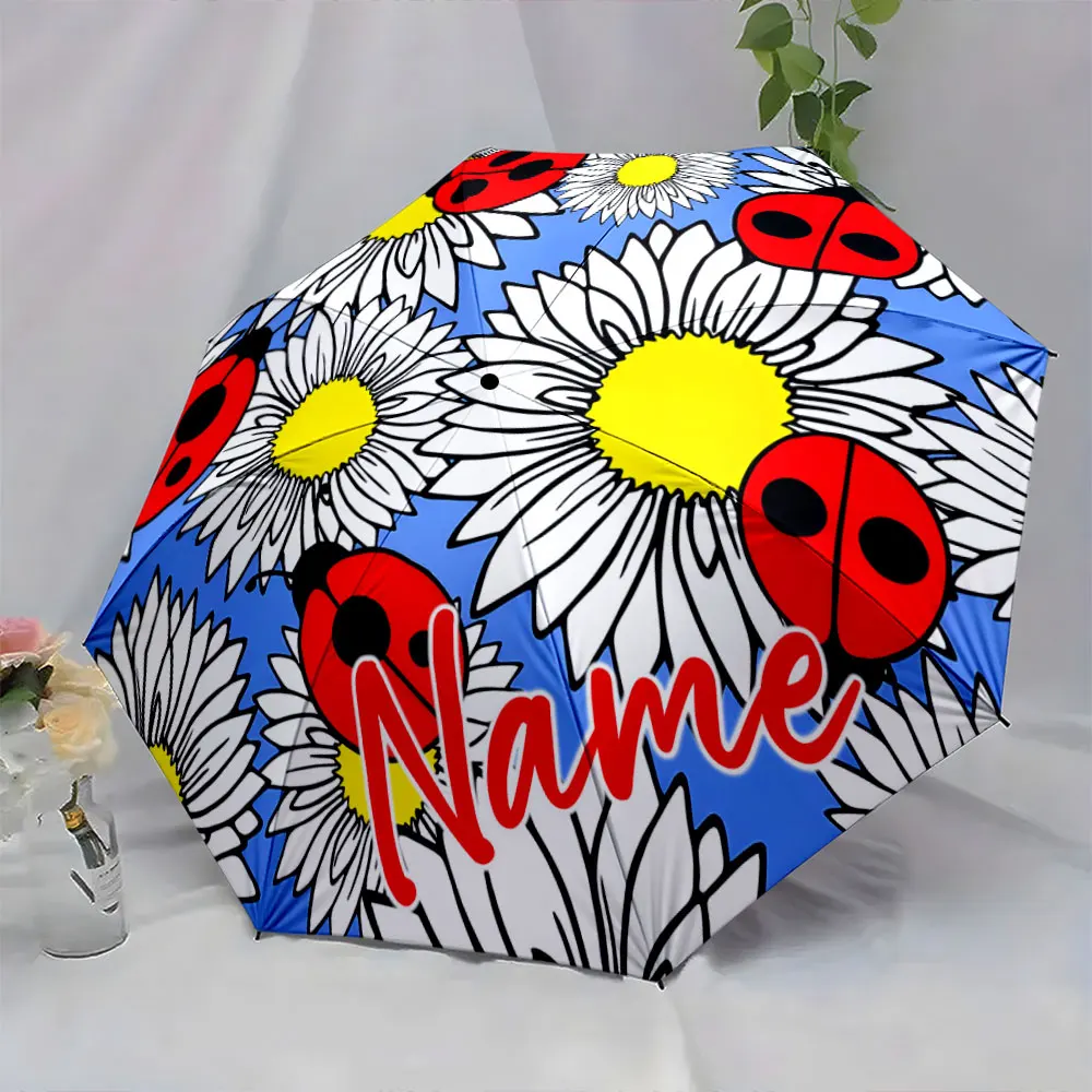 Custom Name Colorful Umbrella with Ladybugs and Flowers Design Print 8 Iron Ribs Folding Umbrella Auto-Open Fashion Sunshade
