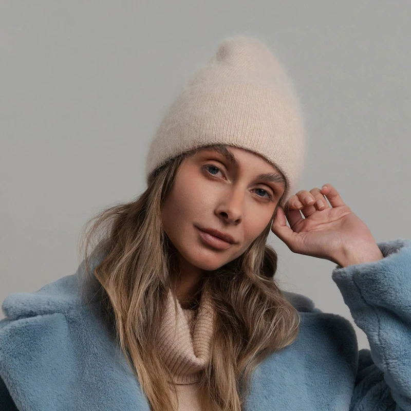 2023 Angora Winter Hat For Women Solid Color Real Rabbit Fur Beanies Woman Soft Knitted Bonnet Female Warm Ski Skullies Beanies