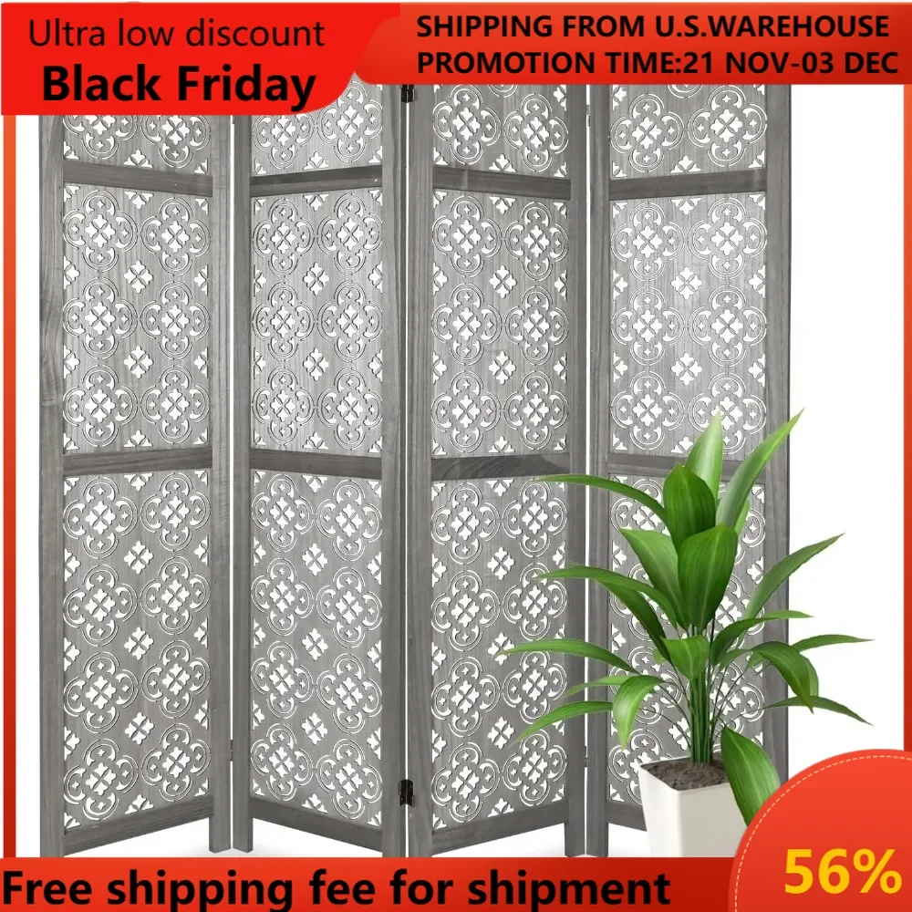 4 Panel Room Divider, Portable Wall Dividers, Room Dividers and Folding Privacy Screens, Wood Cutout Engraving Room Divider