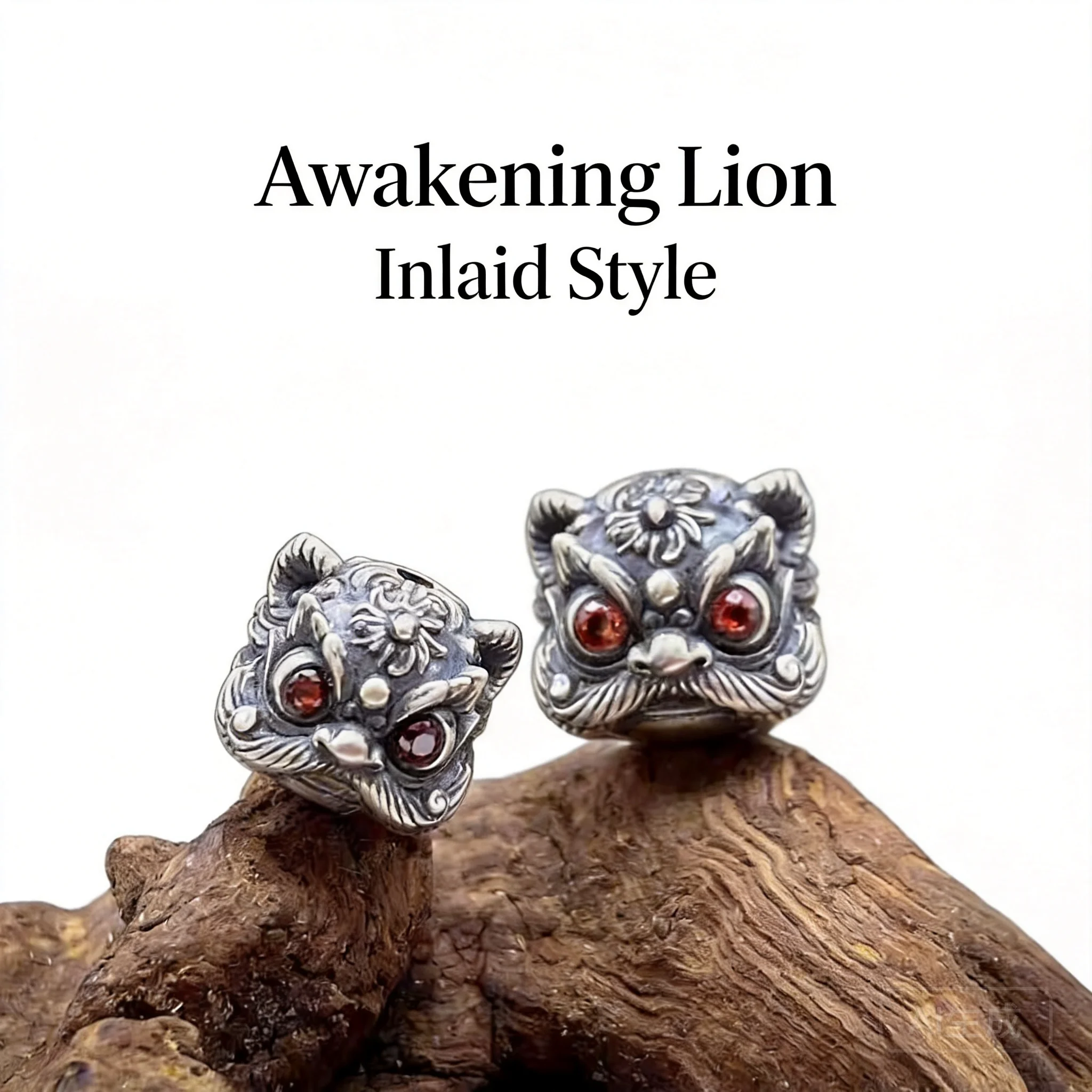 Chinese Traditional Good Luck Awakening Lion Spacer Beads Antique Tibetan Silver Inlaid Red Stone For Diy Bracelet Jewelry Makin