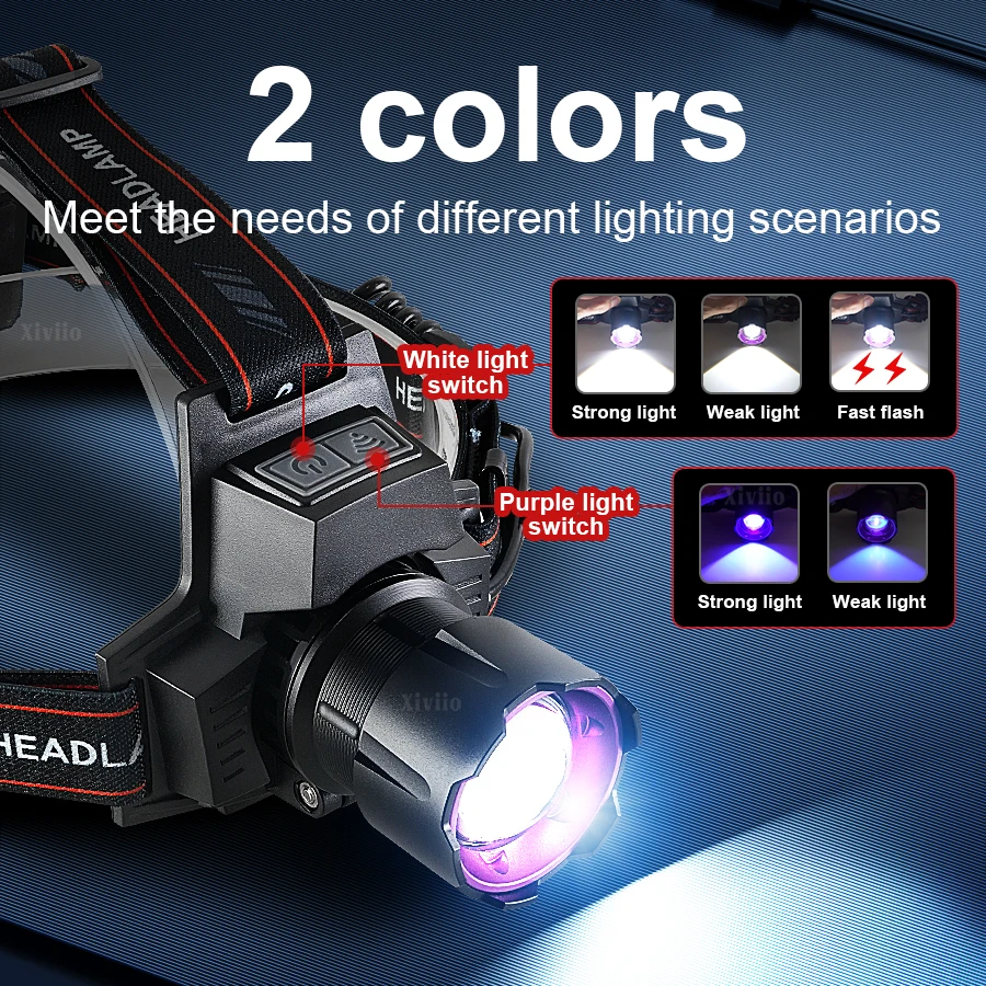 660000000LM Super Bright Headlamp 395nm UV Head Torch Zoomable Headlight Rechargeable LED Front Lamp For Camping Hunting Fishing