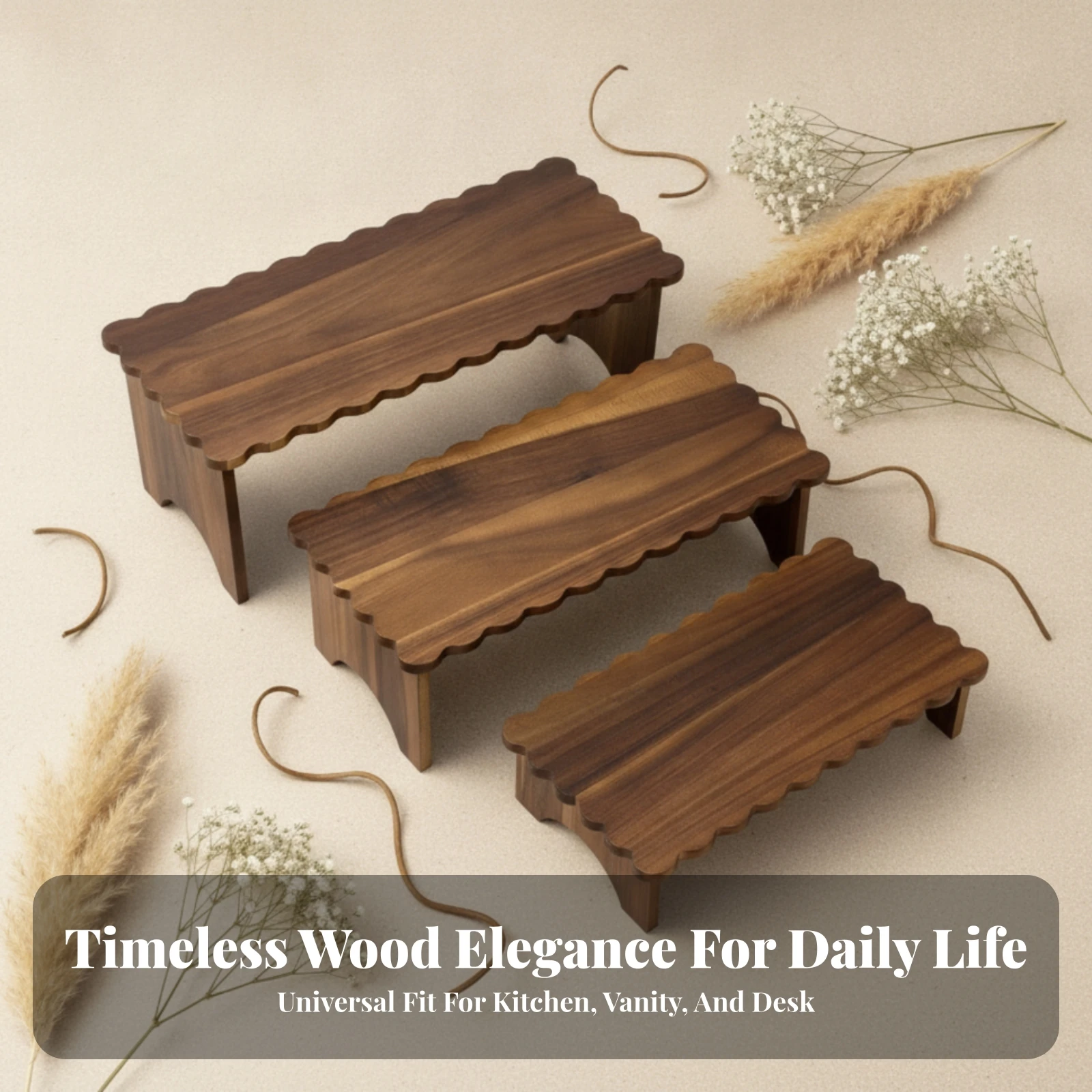 3 Pieces Solid Wood Display Riser with Integrated Legs Space-Saving Wooden Countertop Riser Tabletop Wood Stand Rustic Brown