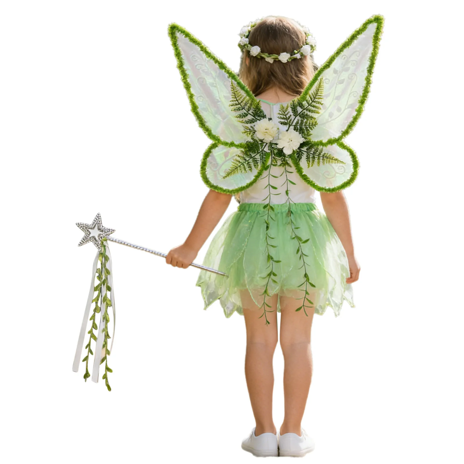 어린이 소녀용 탄력 있는 반짝이 나비 모양 요정 날개, 가랜드와 요정 지팡이 포함, 할로윈 코스프레용