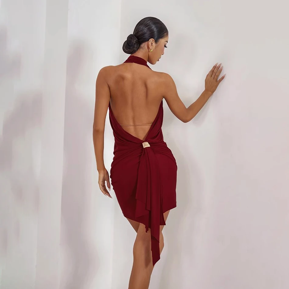 Robe de danse latine sans manches, dos nu, décolleté en V profond, pour femmes, Performance du ventre, robes de danse modernes, NY60 2419