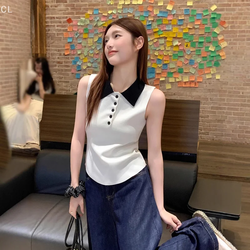 

Women's Summer Outerwear Spicy Girl Temperament Unique And Beautiful Top Splicing Contrasting Collar Sleeveless Vest