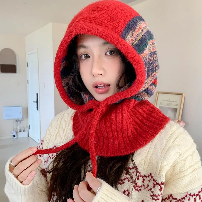 Japanese Ethnic Style Jacquard Knit Balaclava Hat Women's Winter Outdoor Cycling Windproof Warm Lace-up Drawstring Beanie Caps