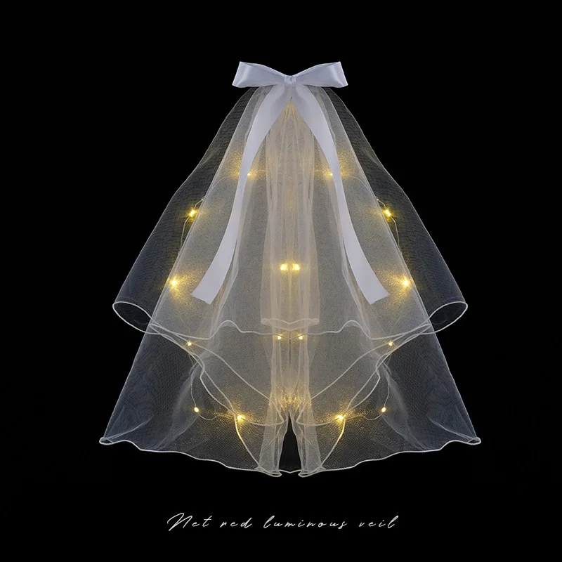 1pcs Glow Wedding Veil LED Light Bowknot Pearl Veil Glow In The Dark Party Favor Wedding Birthday Party Cosplay Hair Accessories