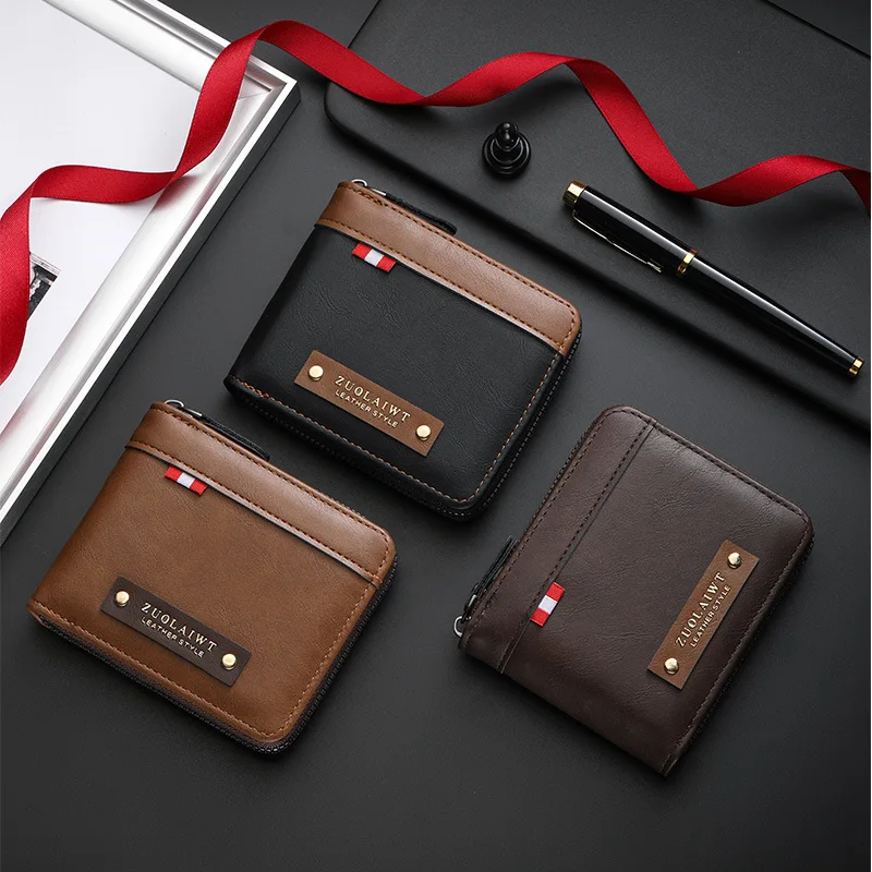 Men Retro Short Wallet Three Fold Splicing Color Design Multifunctional Business Wallet with Hidden Pocket for Daily Casual Use
