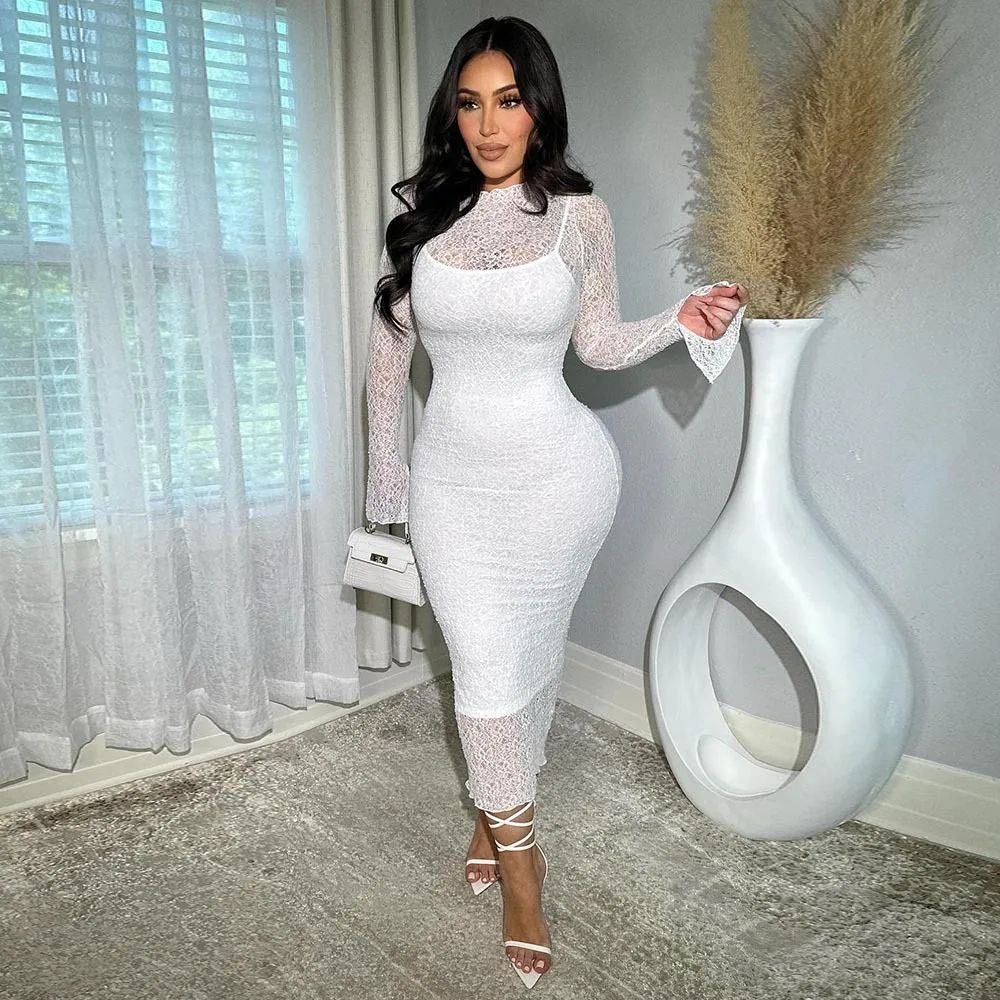 

SKMY Solid Color 2026 Summer New Sexy Slim Fit Dress Lace See Through Long Sleeve Dress Party Clubwear Clothes For Women