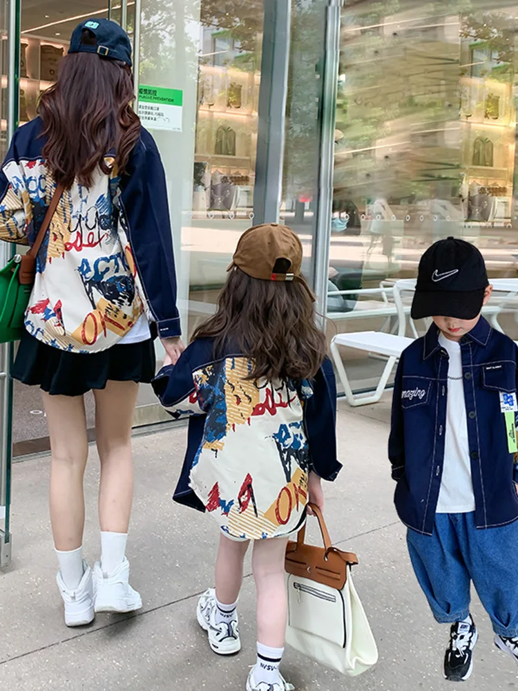 Parent-child Clothing Autumn Korean Children's Clothing 2022 Mother and Daughter Clothing Whole Family Print Denim Shirt