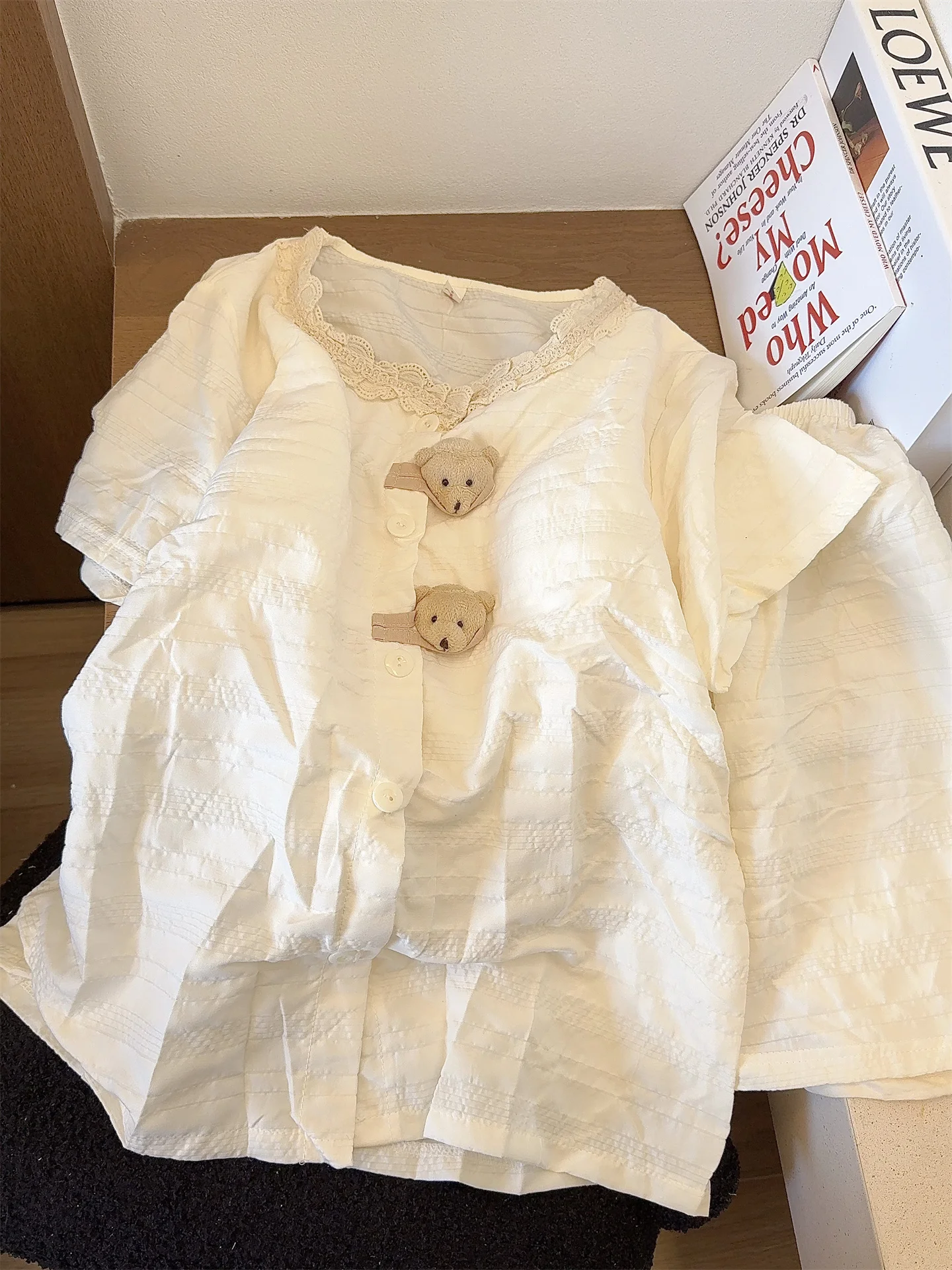 Japanese Ins Cartoon Cute Bear Pajamas Sweet Girl  Loose Casual with Chest Pad Short Sleeves Can Be Worn Outside Loungewear