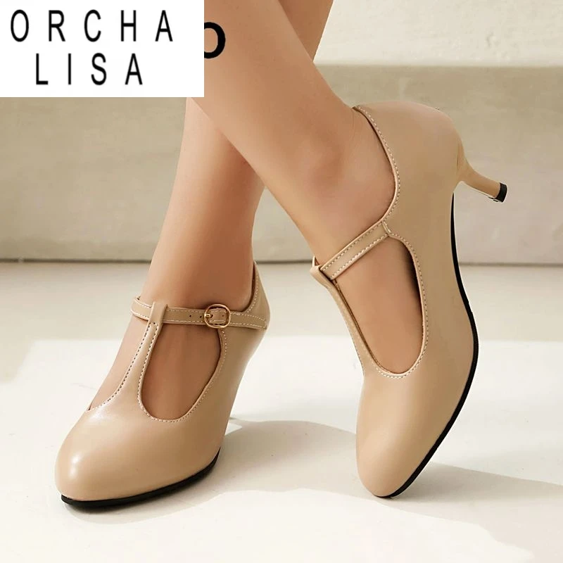 

Бренд ORCHA LISA 2025 Офисные женские туфли-лодочки с круглым носком на тонком каблуке 6 см, с пряжкой и Т-образным ремешком, большие размеры 41 42 43 Классическая женская обувь для свиданий
