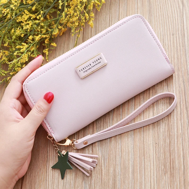 Cartera larga de Color liso para mujer, billetera con Clip y borla, monedero con cremallera para teléfono móvil, ligera