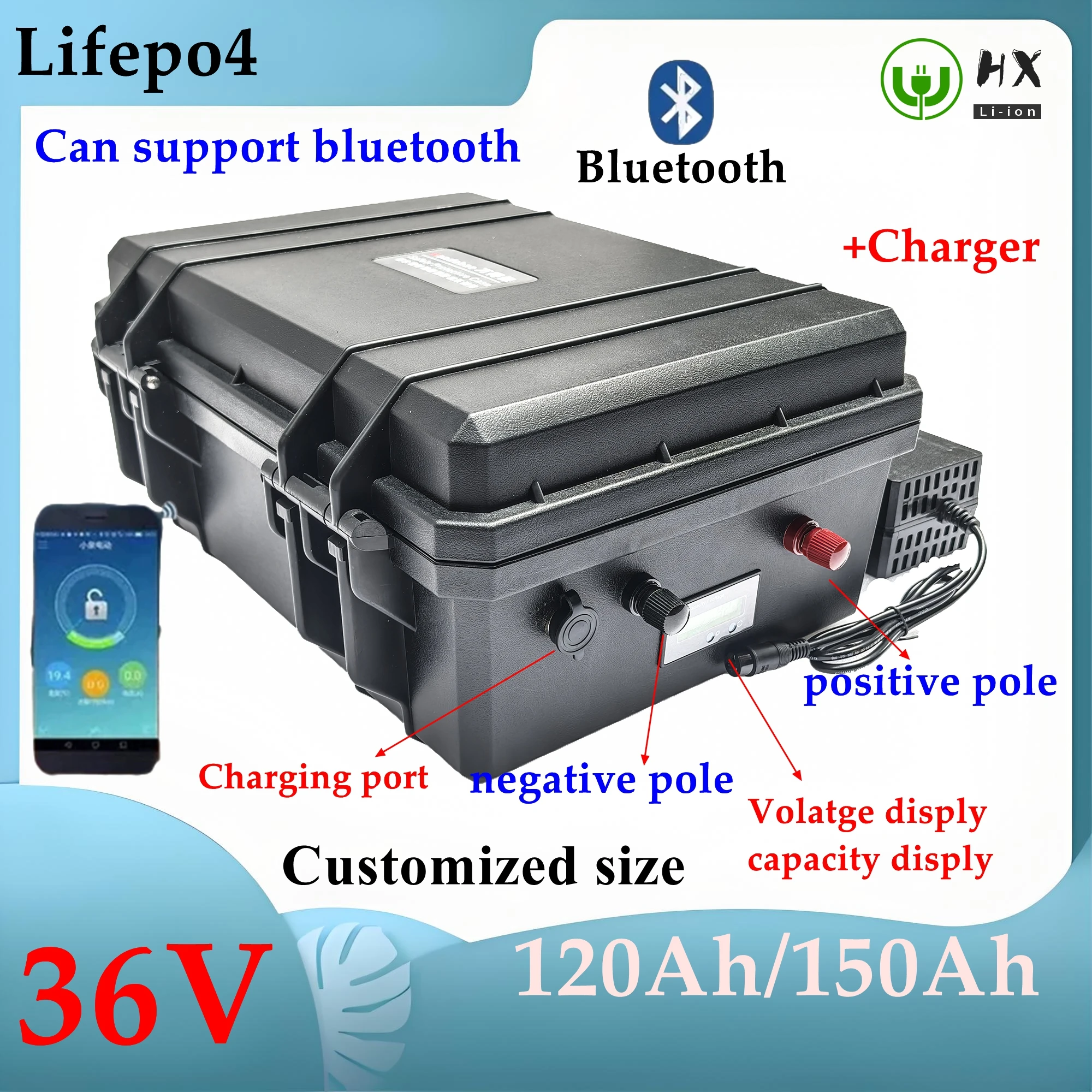 

whatproof 36V 150AH lifepo4 36v 120Ah lifepo4 lithium chargeable battery for 3000w go cart bike scooter boat propel +10A Charger