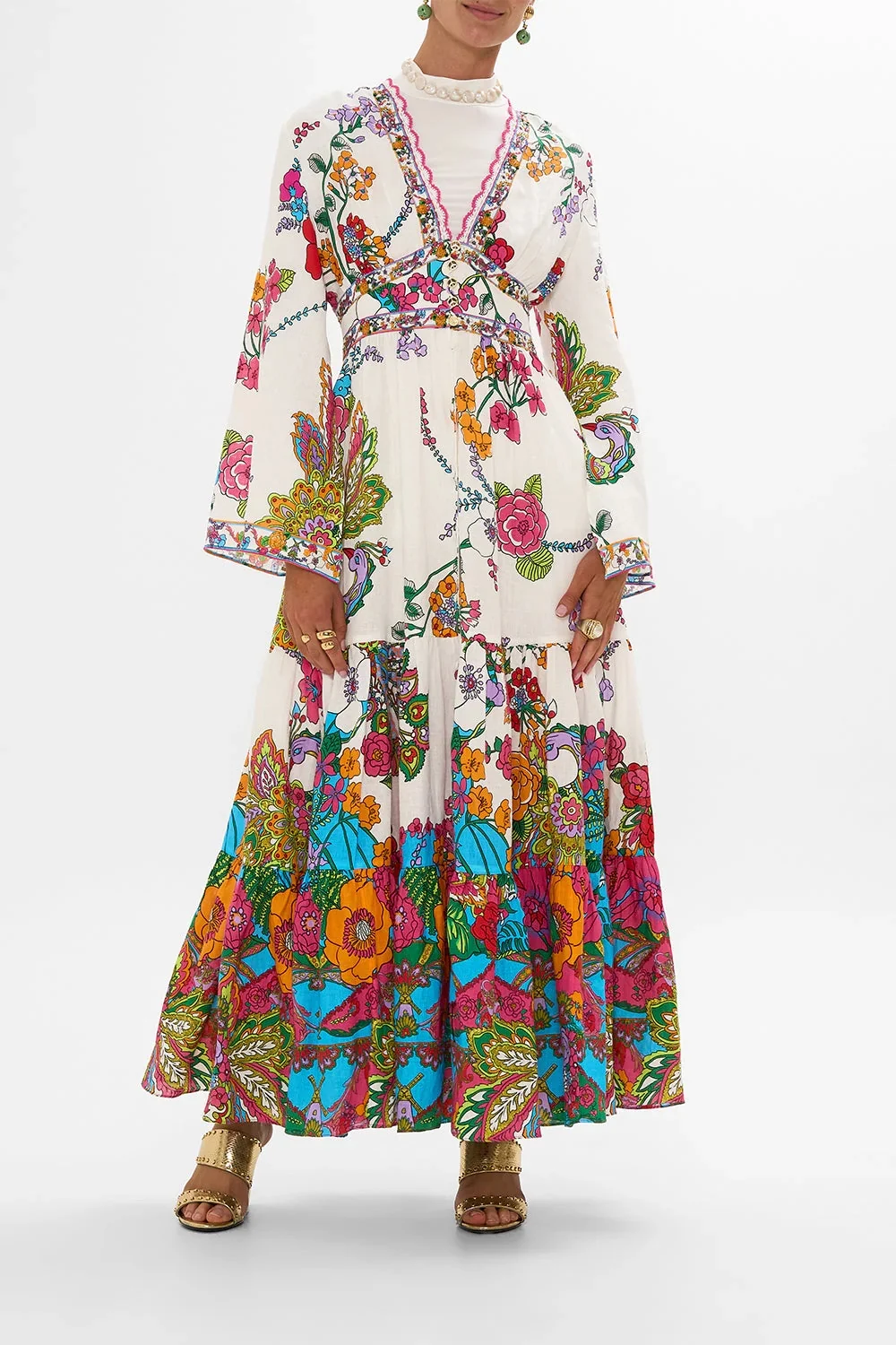 

Women Elastic Waist V-Neck Beaded Flare Long Sleeve Linen Maxi Dress