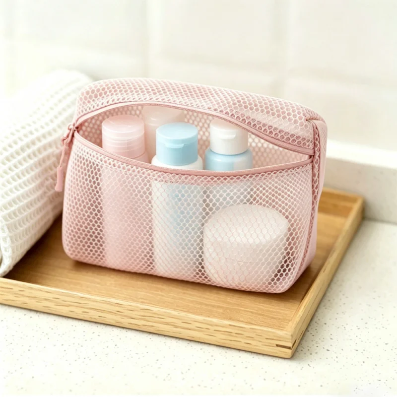 Portable Mesh Makeup Bag Large Travel Cosmetic Organizer Toiletry Pouch Handheld Storage Case Women