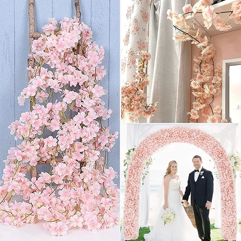 Artificial Cherry Blossom Vines Silk Flower Garland Vine for Outdoor Garden Arch Decor Home Wedding Christmas Decoration Rattan