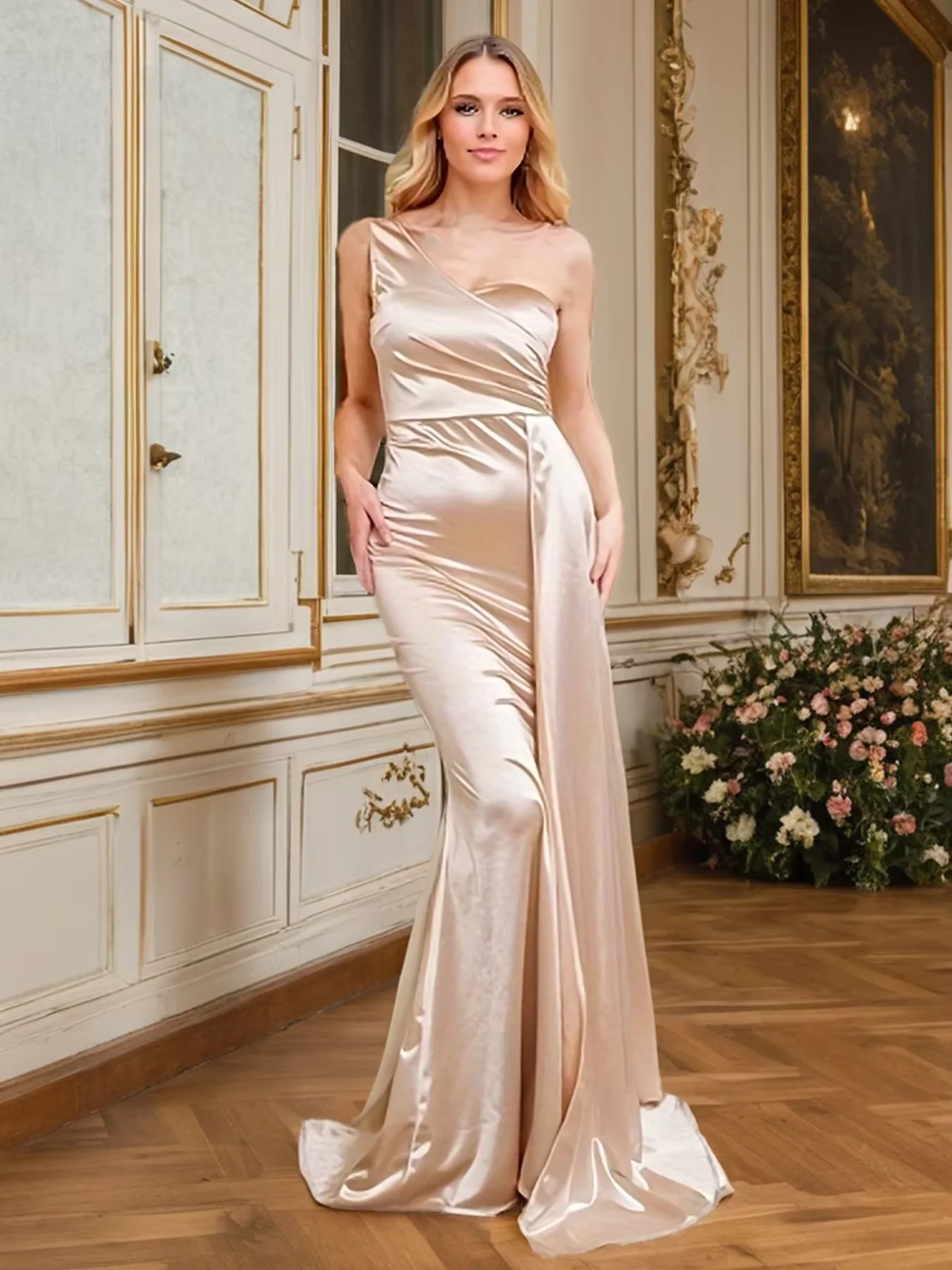 One Shoulder Sleeveless Wedding Party Evening Gown Backless with Padded Ribbon Stretch Satin Elegant Bridemaids Dress Ivory 2024