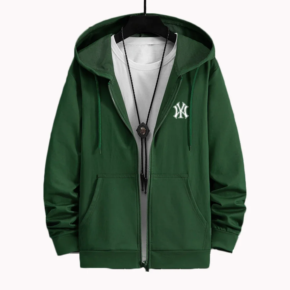 Men's street style zipper coat, oversized clothing, fashionable sweatshirt, solid color printed, outdoor sports loose top