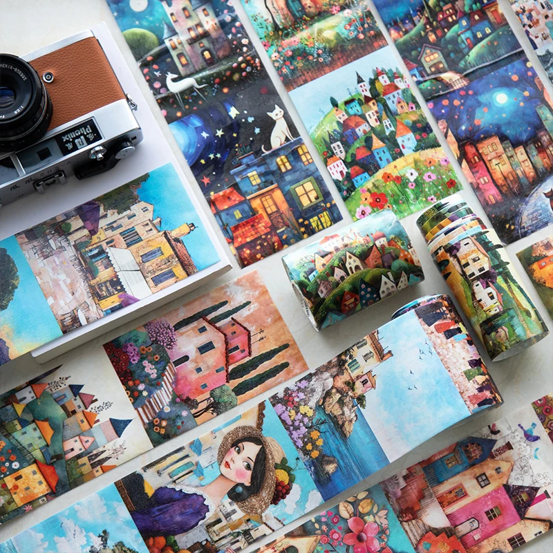 3 rolls - Large size non recyclable town scenery and paper tape, decorative tape, DIY scrapbook, photo frame, handmade account d