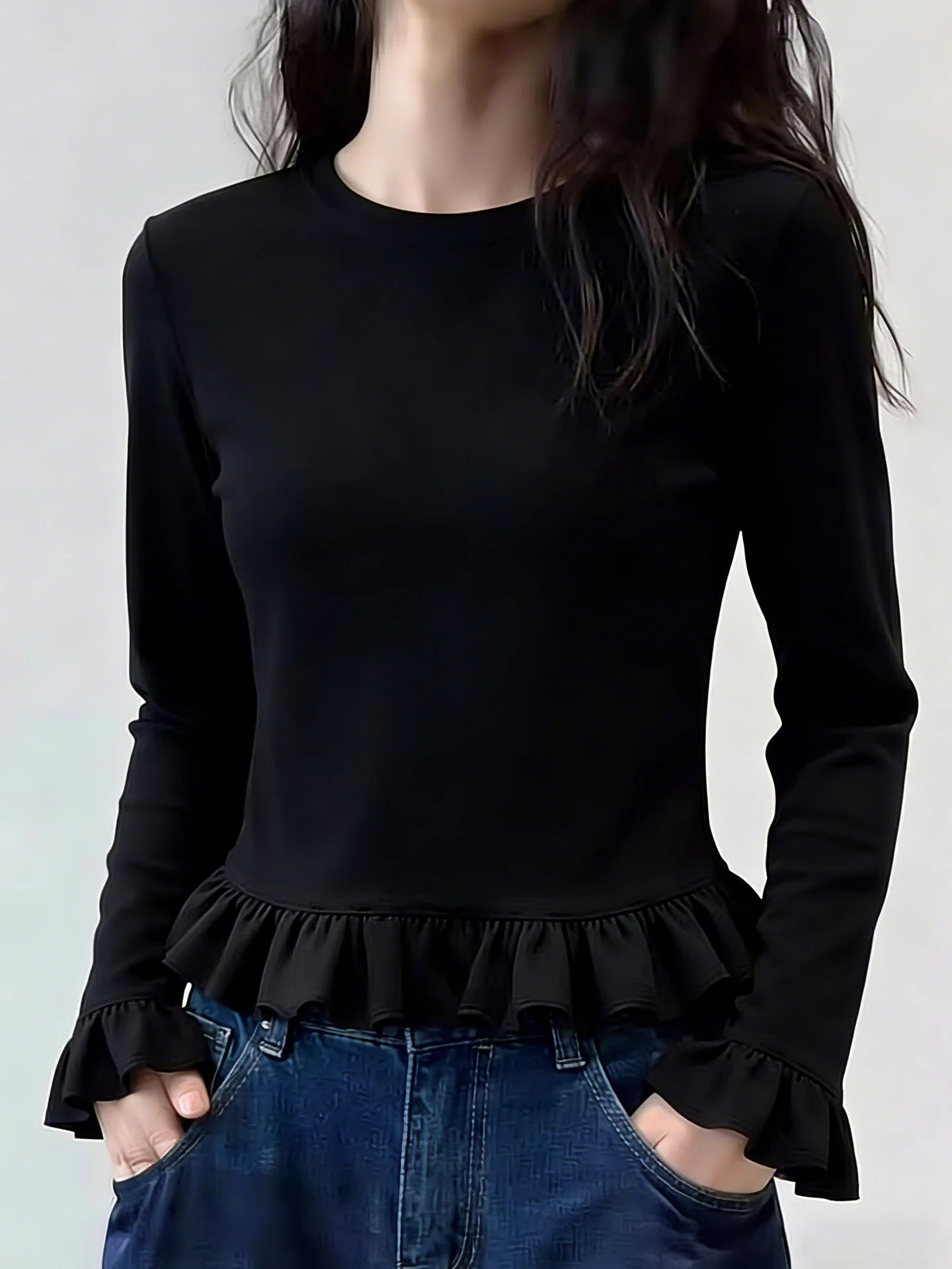 

Casual Long Sleeve round Neck T-Shirt Spring Fashion Lace Hem Slimming Daily Wear Top Bottoming Shirt for plus Size Women