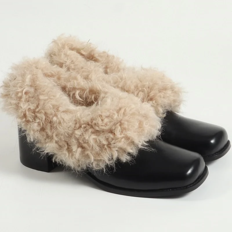 

Fur Matte Leather Pumps Sexy Square Toe Square Heel Slip On New Arrivals Fashion Women Modern Shoes
