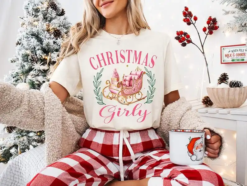 High Quality Cotton Girly Christmas Shirt Pink Sleigh Girls Tee Merry Christmas Sweatshirt Casual All-match Tops Tee Short Adult