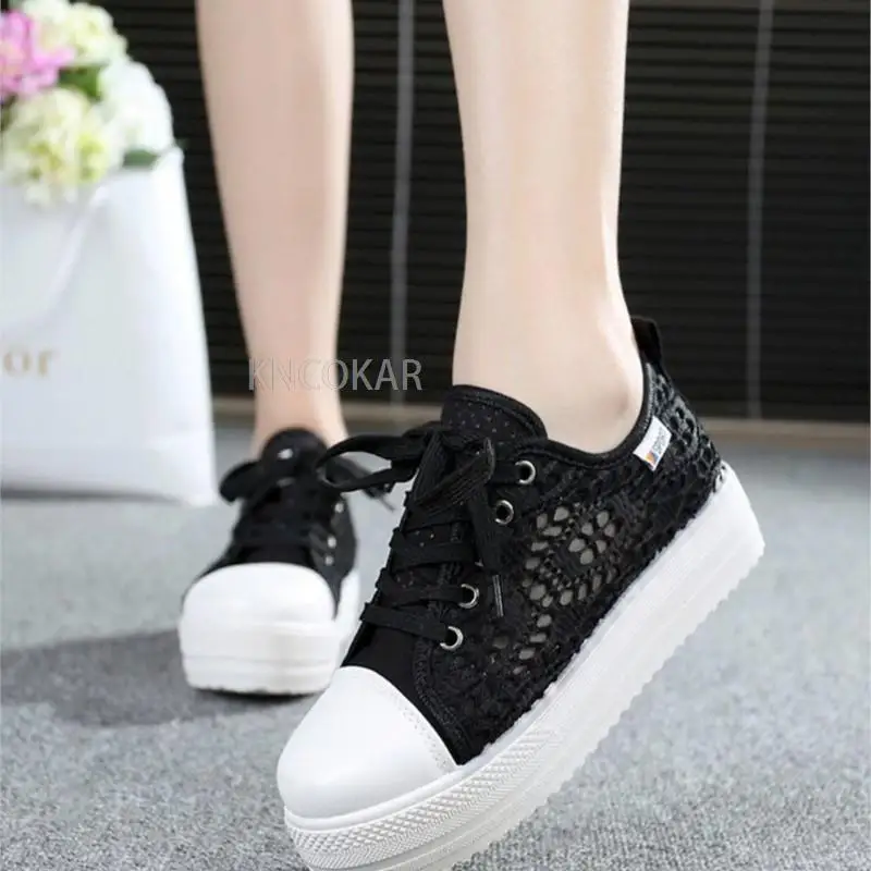 Women Shoes Fashion Summer Casual Shoes White Sneakers Cutouts Lace Canvas Hollow Breathable Platform Sneakers