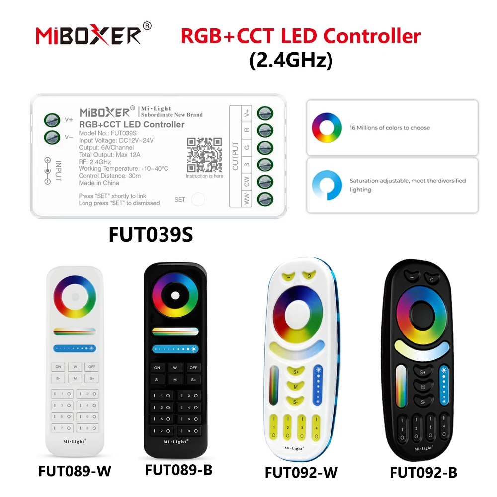 MiBoxer DC12~24V FUT039S+FUT092 2,4GHz RF Wireless RGBCCT 6A/Ch 16 Millionen Farben zur Auswahl LED-Controller für COB/LED-Streifen