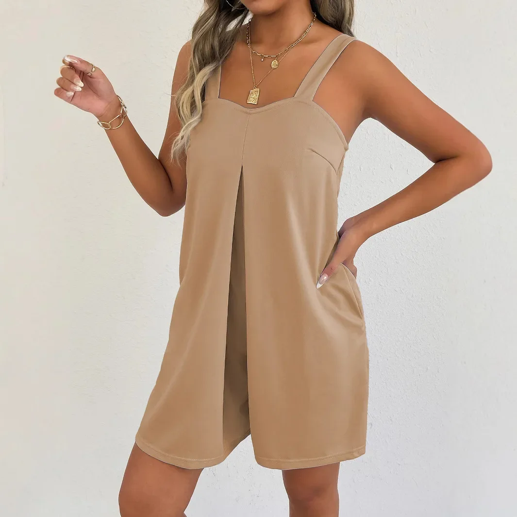 Tuta da donna con bretelle, pantaloni senza spalline, tinta unita, vestibilità ampia, nuova estate