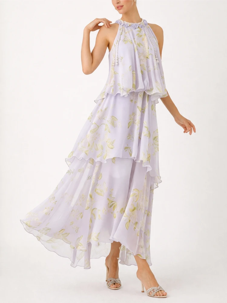 

Женское шифоновое макси-платье JIAMI с цветочным принтом, на бретельках, с многослойными оборками, длинное, элегантное, летнее, струящееся, для отпуска и свиданий